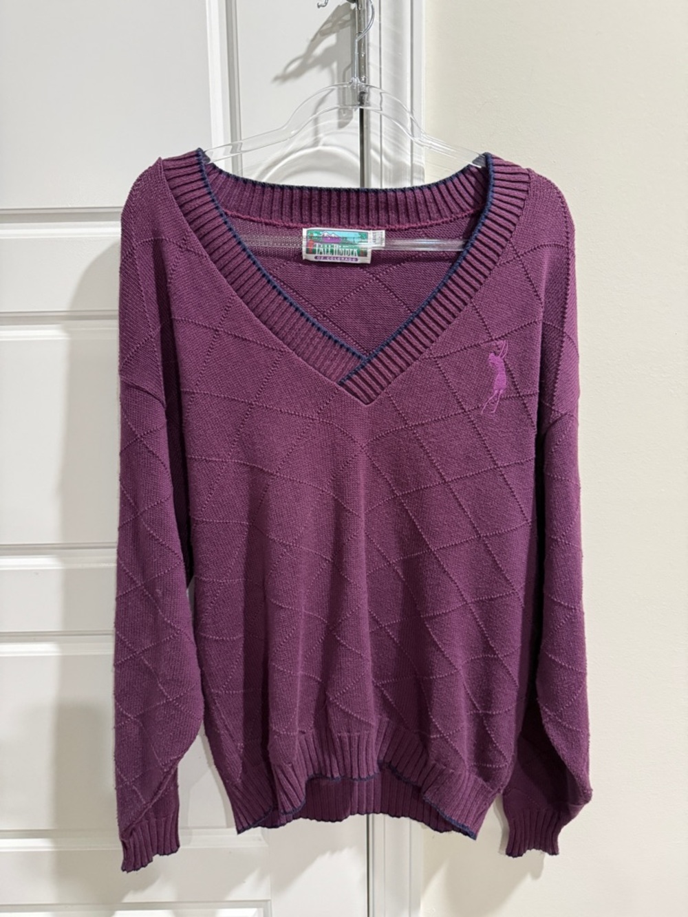 Tall Timber of Colorado 80s Purple Cotton Knit V-Neck Sweater Made in USA Ladies